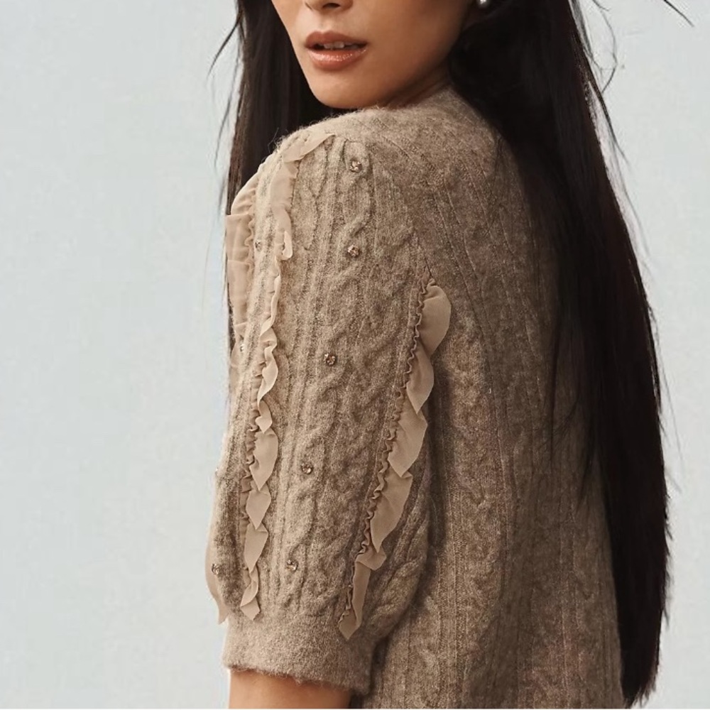 NWT MAEVE (S) Short-Sleeve Embellished Ruffled Cardigan Sweater Taupe Stretch - Picture 6 of 14